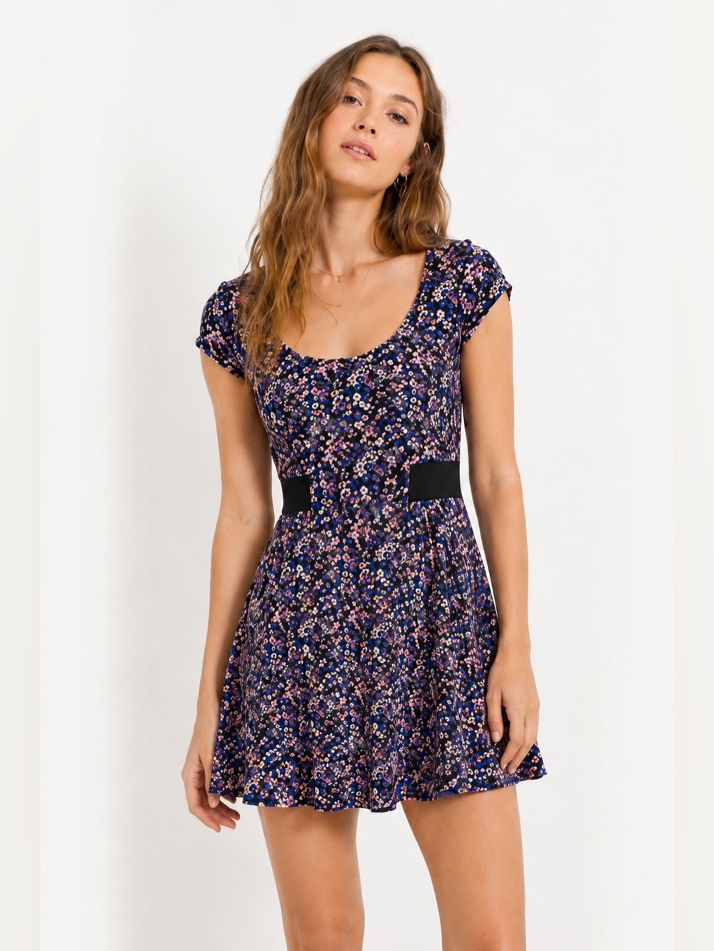American Eagle Floral Mini Dress Purple Pink Black Belt Size S